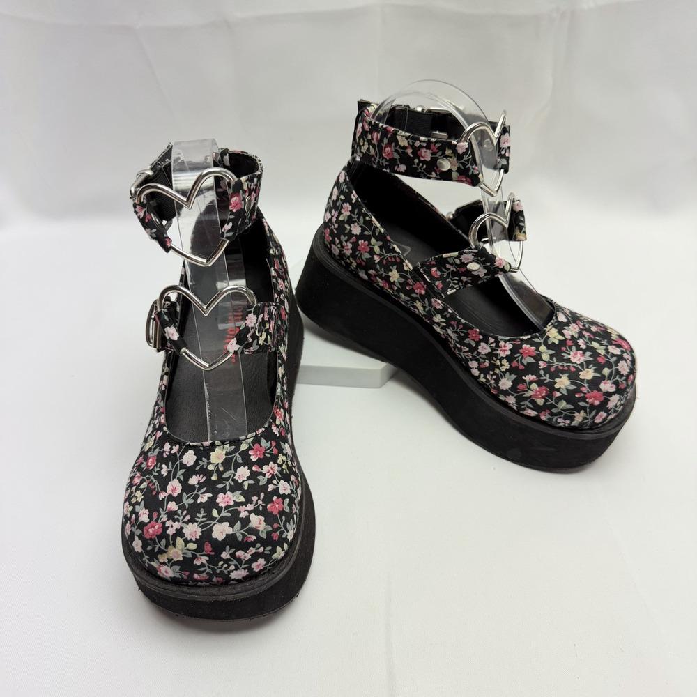 Demonia Sprite-02 Floral Mary Jane Platform Wedge Heart Buckle Shoes Women’s 5.5